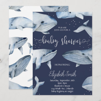 Whale Watercolor Black Baby Shower Invite
