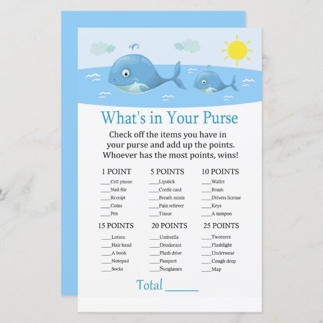 Whale What's in your purse game baby shower (Front/Back)