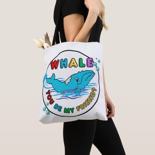 Whale You Be My Friend Blue Bubble Humpback Whale Tote Bag (Close Up)