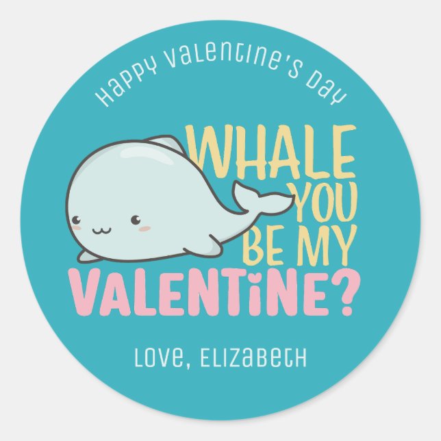 Whale You Be My Valentine Cute Kids Valentines Day Classic Round Sticker (Front)