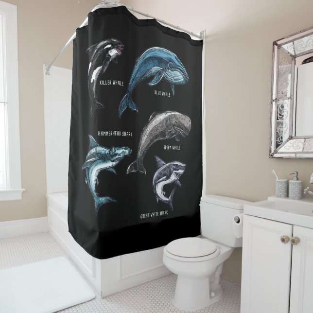 Whales and Sharks Marine Life Graphic Design Adult Shower Curtain (In Situ)