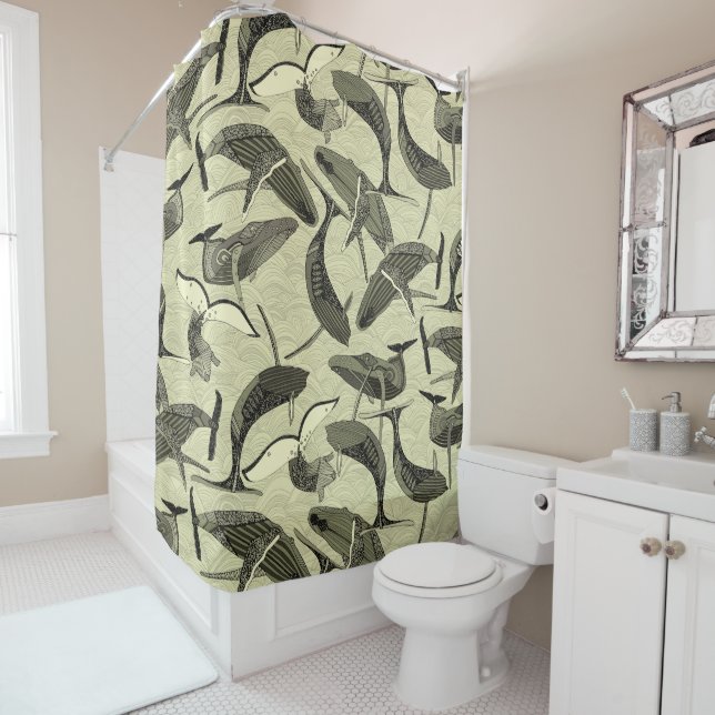 whales and waves natural shower curtain (In Situ)