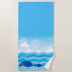 Whales and Waves Ocean Blue Beach Towel