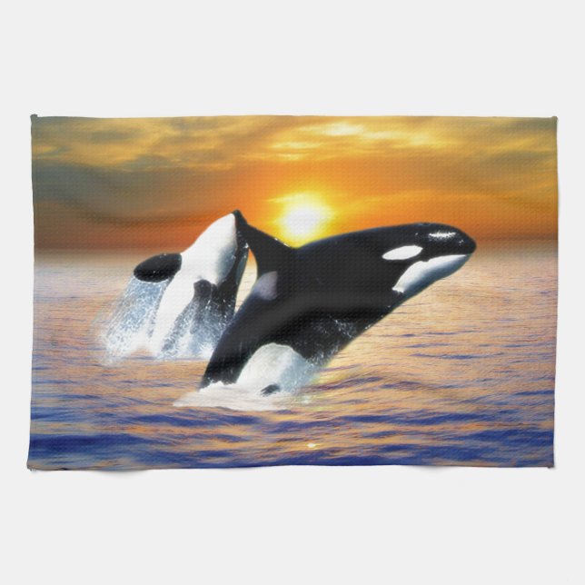 Whales at sunset tea towel (Horizontal)