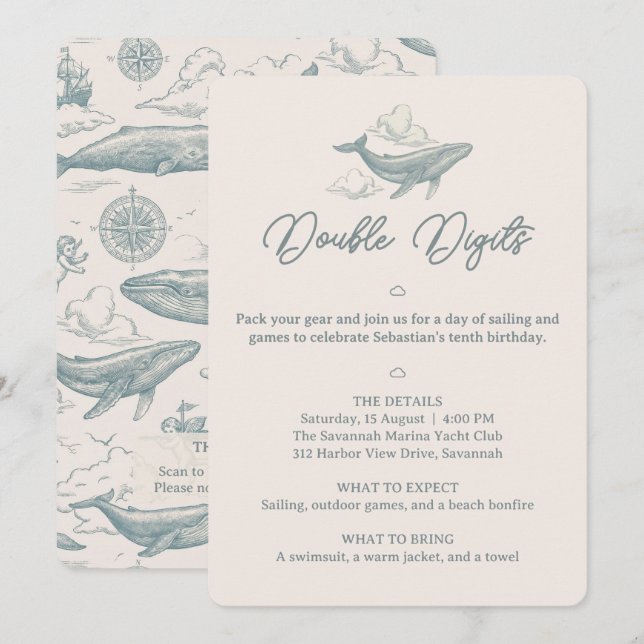 Whales in the Clouds Celestial Voyage 10th Bday Invitation (Front/Back)