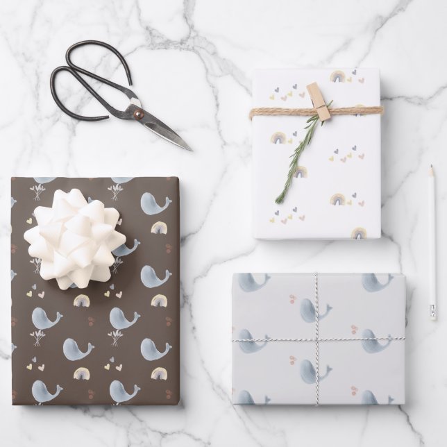 Whales & Rainbows Wrapping Paper Sheets - Set of 3 (Front)