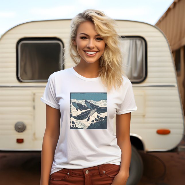 Whales Sea Ocean Bay of Fundy, Nova Scotia Custom T-Shirt (A captivating, bold print of three blue whales under the sea, perfect for nature lovers.)