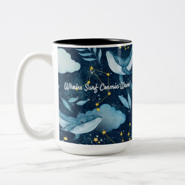 Whales Surf Cosmic Waves Blue Constellation Design Two-Tone Coffee Mug (Left)