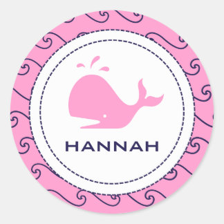 Whales Tale Pink & Wavy Navy Invitation Classic Round Sticker
