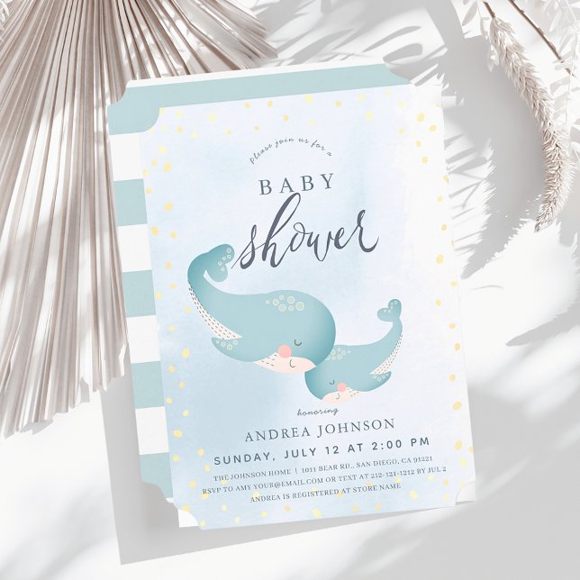 Whales Watercolor Blue Boy Baby Shower Invitation (Creator Uploaded)