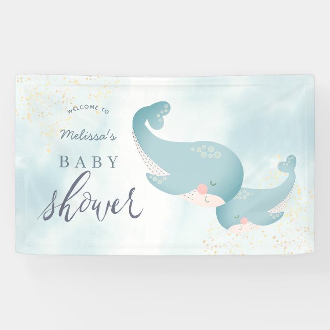 Whales Watercolor Blue Boy Baby Shower Welcome Banner (Horizontal)