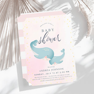 Whales Watercolor Pink Girl Baby Shower Invitation