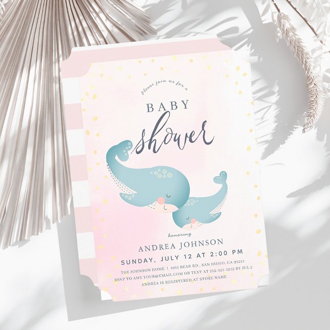 Whales Watercolor Pink Girl Baby Shower Invitation (Creator Uploaded)