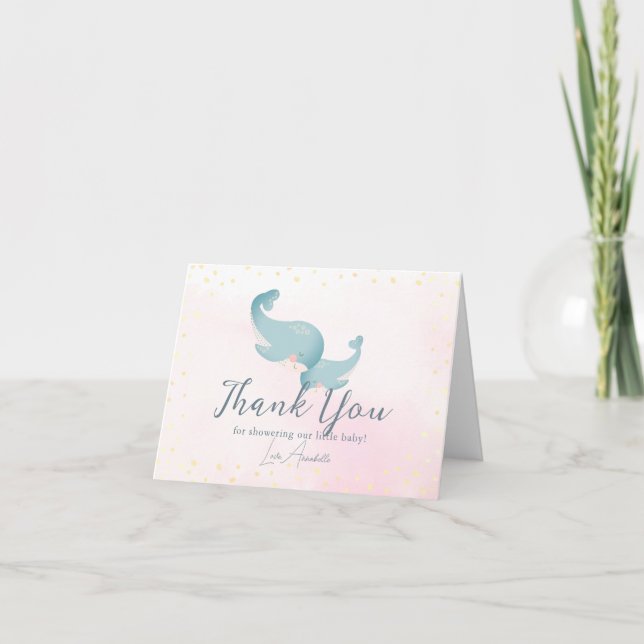 Whales Watercolor Pink Girl Baby Shower Thank You Card (Front)