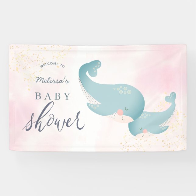 Whales Watercolor Pink Girl Baby Shower Welcome Banner (Horizontal)