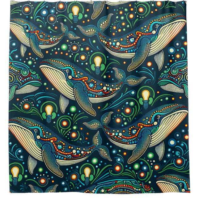 “Whales with Christmas Lights - Surreal Art" Shower Curtain (Front)