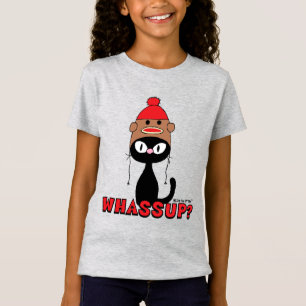 WHASSUP? Cartoon Cat with Sock Monkey Hat Funny T-Shirt