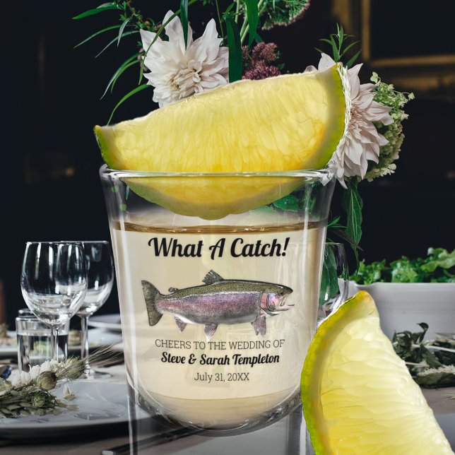 What a Catch Fishing Trout Wedding Date Favour  Shot Glass (Rainbow trout fishing wedding favor shot glasses.)
