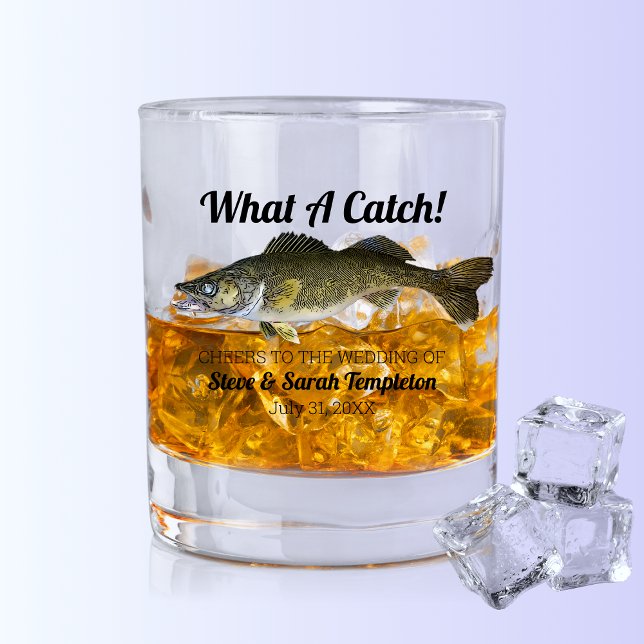 What a Catch Fishing Walleye Wedding Date Favour Whiskey Glass (What a Catch Fishing Wedding Favor Whiskey Glass For The Bride and Groom. )