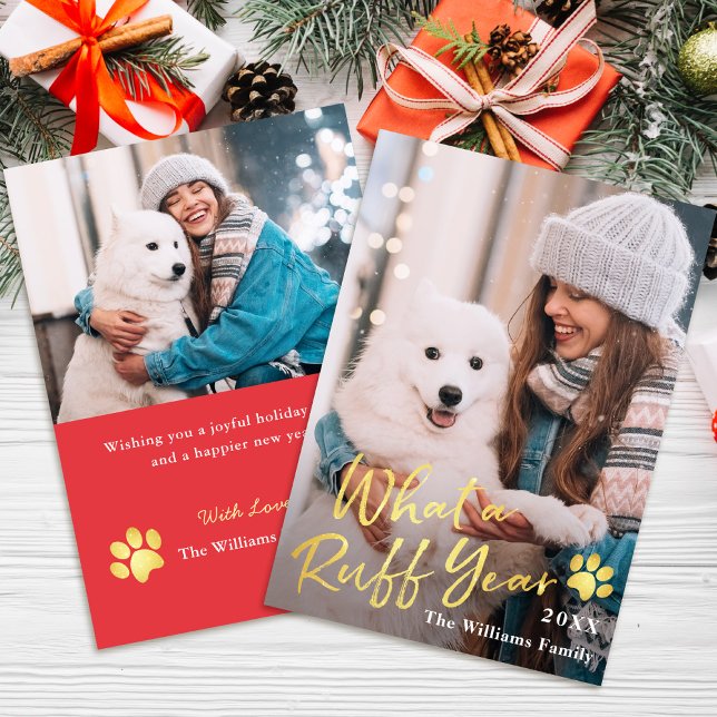 What a Ruff Year Pet Dog Puppy 2 Photo Red Gold Holiday Card (Creator Uploaded)