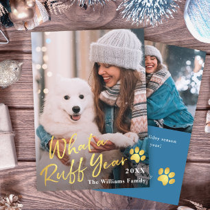 What a Ruff Year Pet Dog Puppy 2 Photo Royal Blue Holiday Card