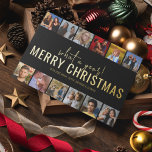 What A Year! 12 Photo Collage | Christmas<br><div class="desc">A modern photo collage christmas card,  featuring 12 of your favourite photographs from the year,  in a photo strip style,  over a black background with a real gold foil template christmas greeting. Font styles and background colour can be changed easily by clicking on the customise further link after personalising.</div>