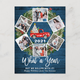 What a Year 2021 Christmas Red Farm Truck 6 Photo Holiday Postcard