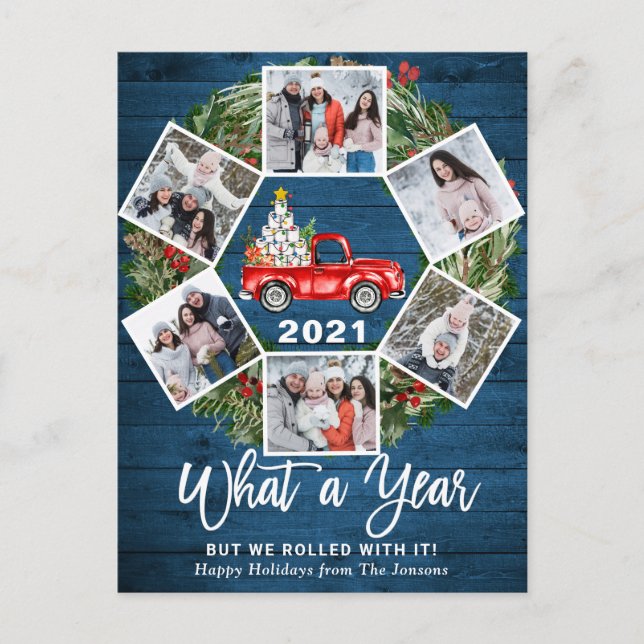 What a Year 2021 Christmas Red Farm Truck 6 Photo Holiday Postcard (Front)