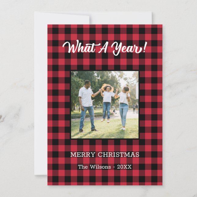 What A Year 2 Photo Christmas Red Buffalo Check Holiday Card (Front)