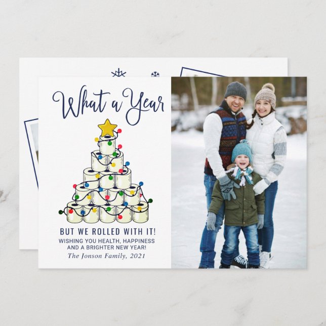 What a Year Christmas 3 Photo Greeting Holiday Card (Front/Back)