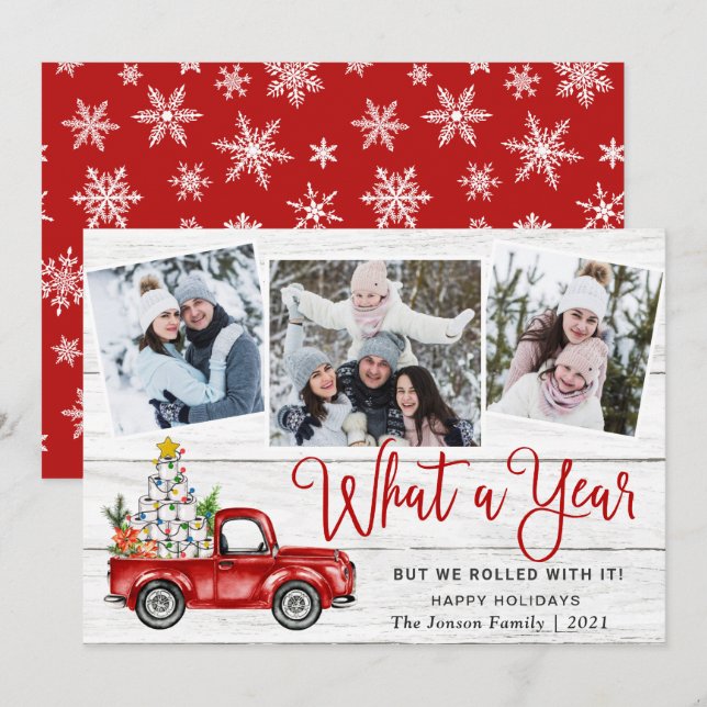 What a Year Christmas Red Farm Truck 3 Photo Holiday Card (Front/Back)