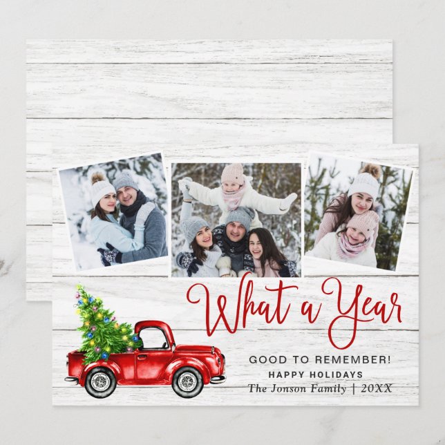 What a Year Christmas Red Farm Truck 3 Photo Holiday Card (Front/Back)