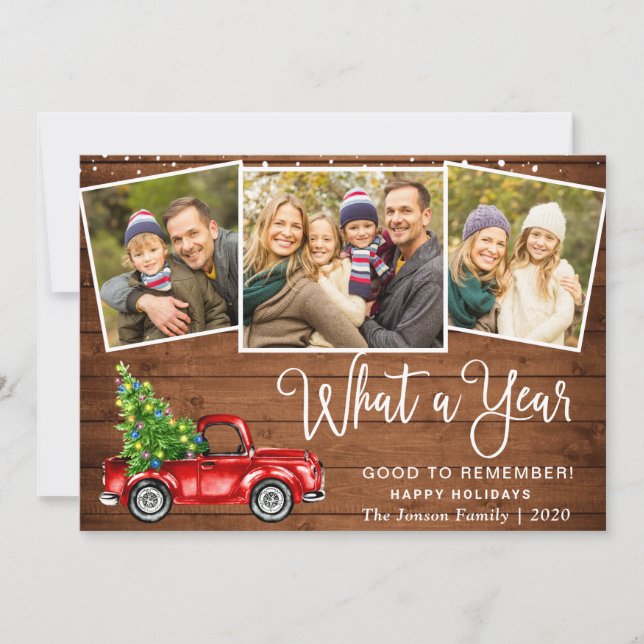 What a Year Christmas Red Farm Truck 3 Photo Holiday Card (Front)