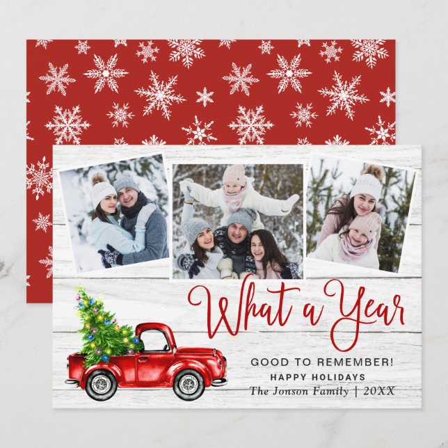 What a Year Christmas Red Farm Truck 3 Photo  Holiday Card (Front/Back)
