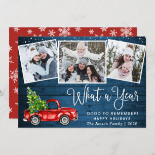 What a Year Christmas Red Farm Truck 3 Photo Holiday Card