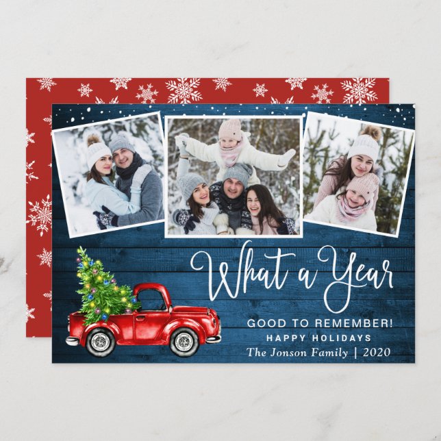 What a Year Christmas Red Farm Truck 3 Photo  Holiday Card (Front/Back)