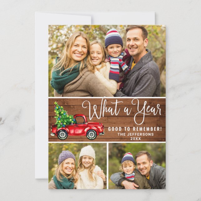 What a Year Christmas Red Farm Truck 3 Photo Holiday Card (Front)