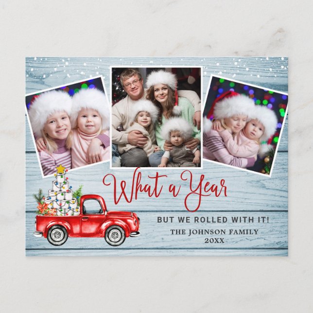 What a Year Christmas Red Farm Truck 3 Photo Postcard (Front)