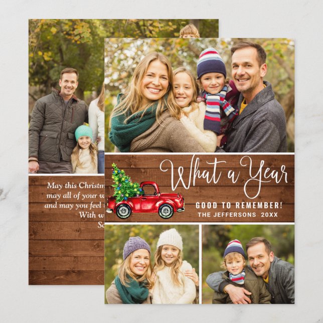 What a Year Christmas Red Farm Truck 4 Photo Boho Holiday Card (Front/Back)