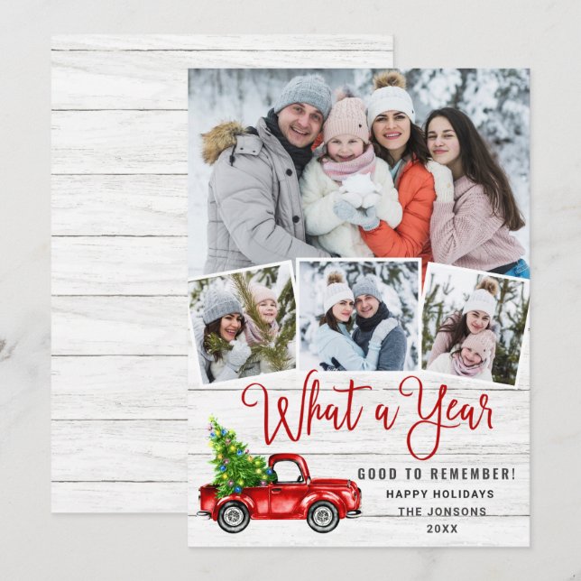What a Year Christmas Red Farm Truck 4 Photo Holiday Card (Front/Back)
