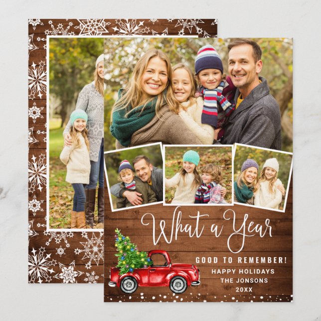 What a Year Christmas Red Farm Truck 5 Photo Holiday Card (Front/Back)