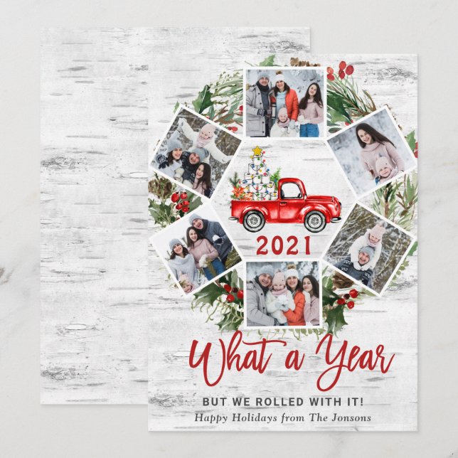 What a Year Christmas Red Farm Truck 6 Photo Holiday Card (Front/Back)