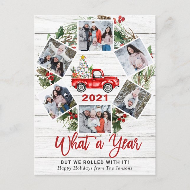 What a Year Christmas Red Farm Truck 6 Photo Holiday Postcard (Front)