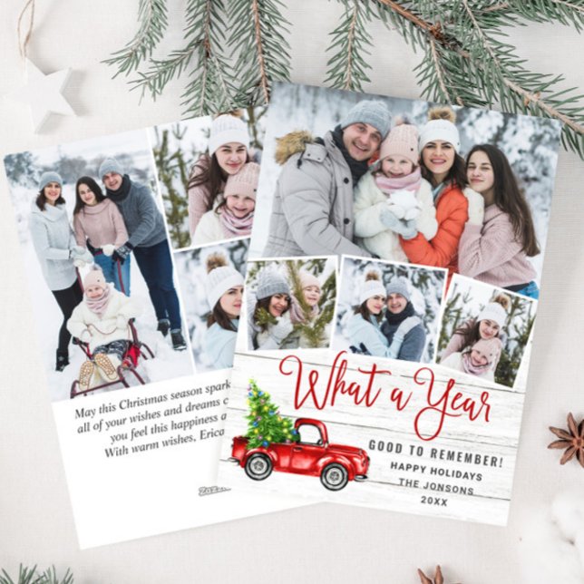 What a Year Christmas Red Farm Truck 7 Photo Holiday Card (Creator Uploaded)