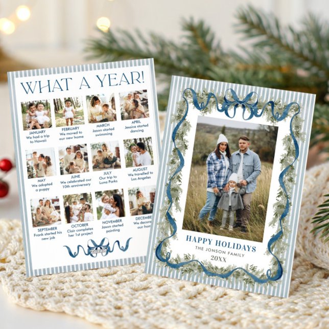What a Year Dusty  Blue Bow Christmas 13 Photo Holiday Card (Creator Uploaded)