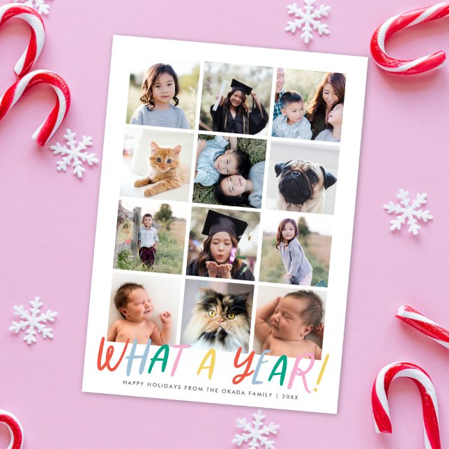 WHAT A YEAR! Fun Festive Modern 12 Photos New Year Holiday Card (Creator Uploaded)