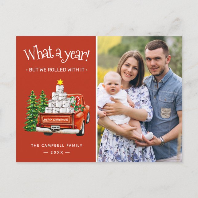 What A Year Funny Red Christmas Truck Photo Holiday Postcard (Front)