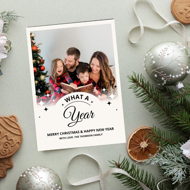 What a Year in Review Multi Photo Modern Christmas Card (year in review what a year photo collage simple holiday photo minimalist christmas picture black )