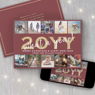 What a Year Modern 10 Photo Collage Burgundy Gold Holiday Card