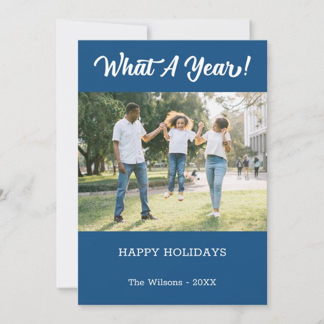 What A Year Modern 2 Photo Blue Holiday Card (Front)